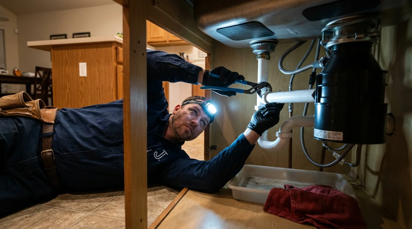 P-trap and supply line connections under a kitchen sink showing a common leak point in Shrewsbury, PA